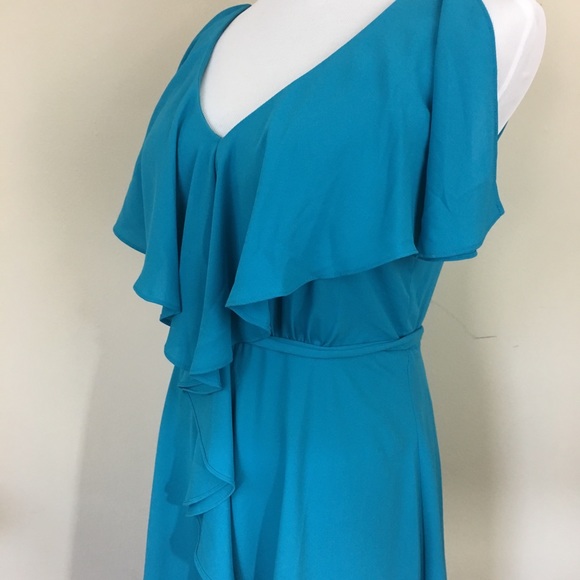 Max and Cleo Blue Asymmetrical Dress with Ruffle Draping - Picture 5 of 8